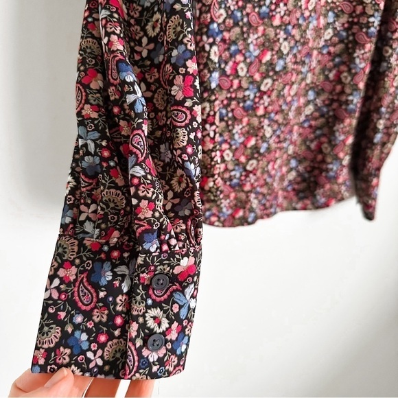Loft Vine Floral Black Pink Ruffle Collar Tie Back Flowy Blouse sz Small - Picture 7 of 9